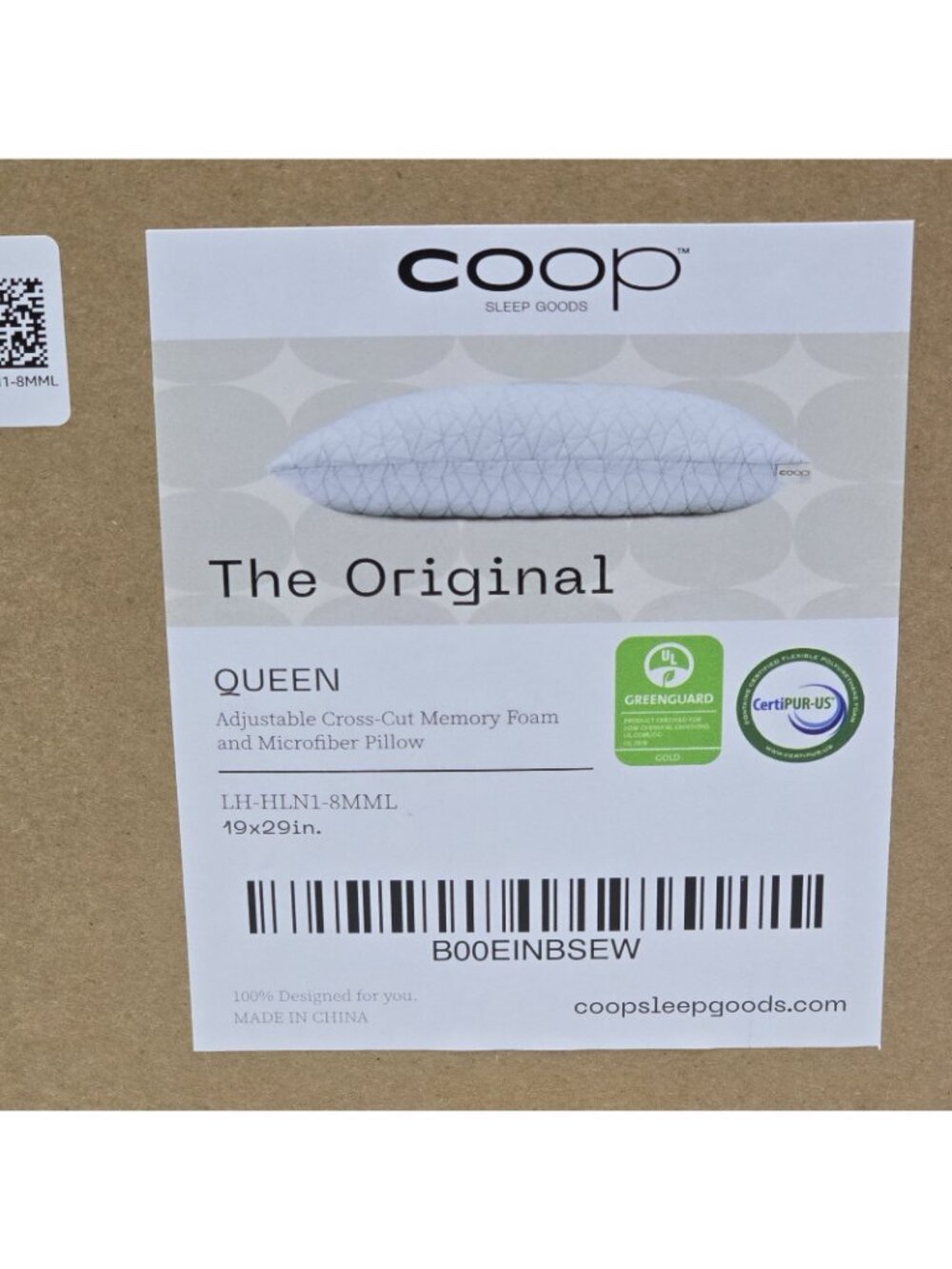 Coop Original Adjustable Pillow w/ Cross-Cut Memory Foam Queen 19 x 29 inch